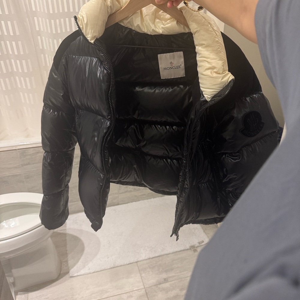 Moncler Black Shiny Quilted Puffer Jacket with Cream Hood Lining